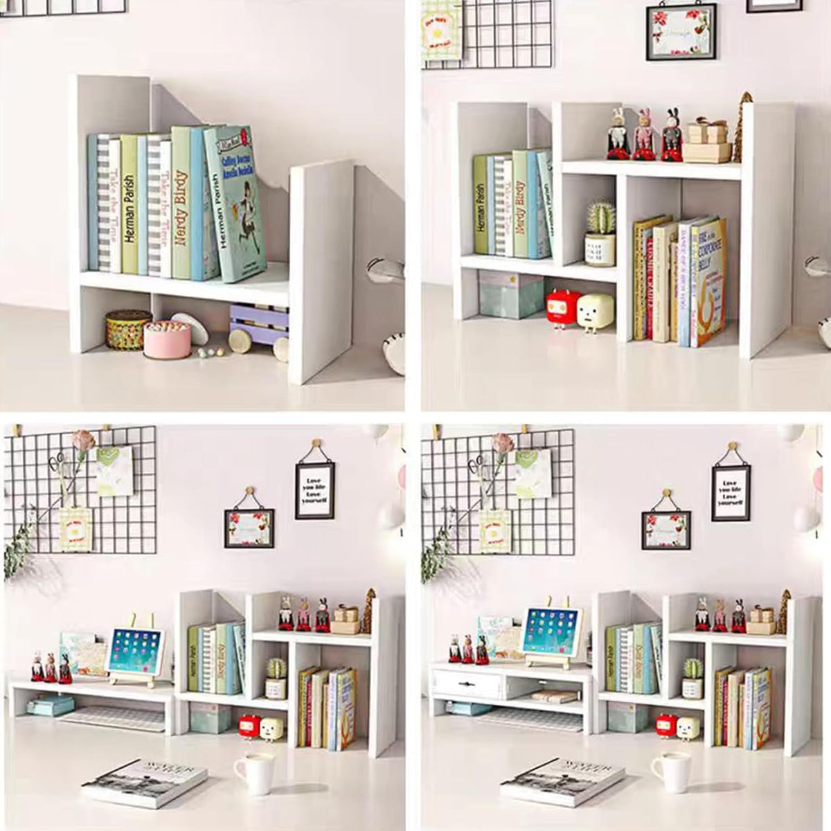 Desktop Shelf Organizer, Adjustable Wood Office Storage Rack, Counter Display Small Bookshelf for Home/Office/School(White)