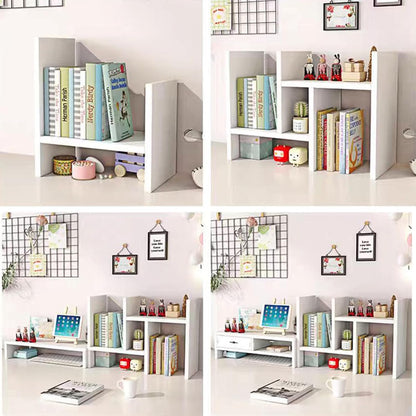 Desktop Shelf Organizer, Adjustable Wood Office Storage Rack, Counter Display Small Bookshelf for Home/Office/School(White)