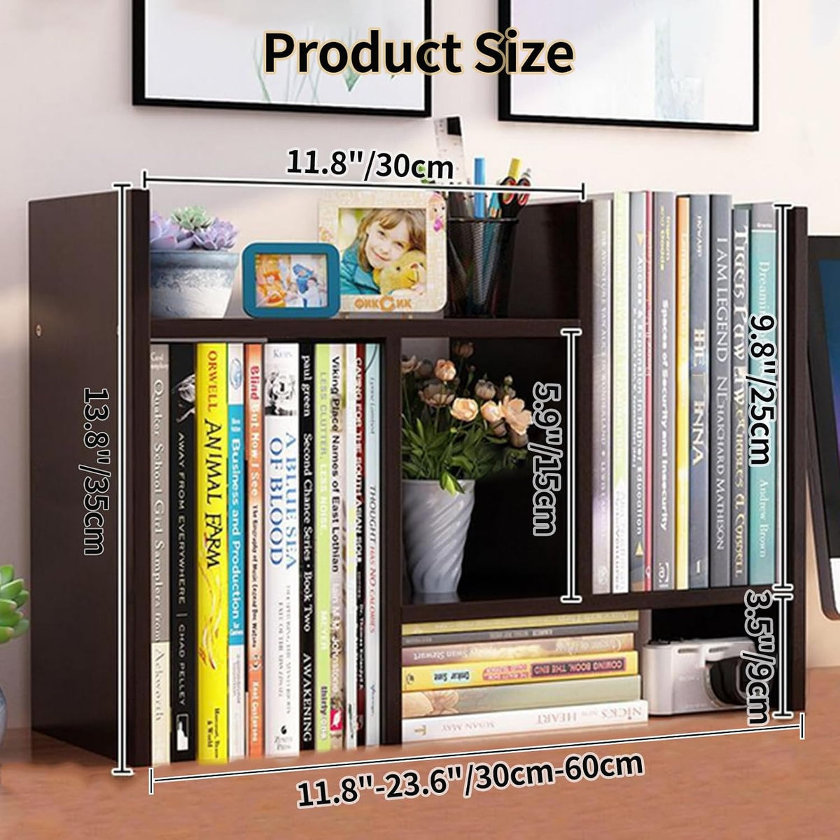Desktop Shelf Organizer, Adjustable Wood Office Storage Rack, Counter Display Small Bookshelf for Home/Office/School(White)