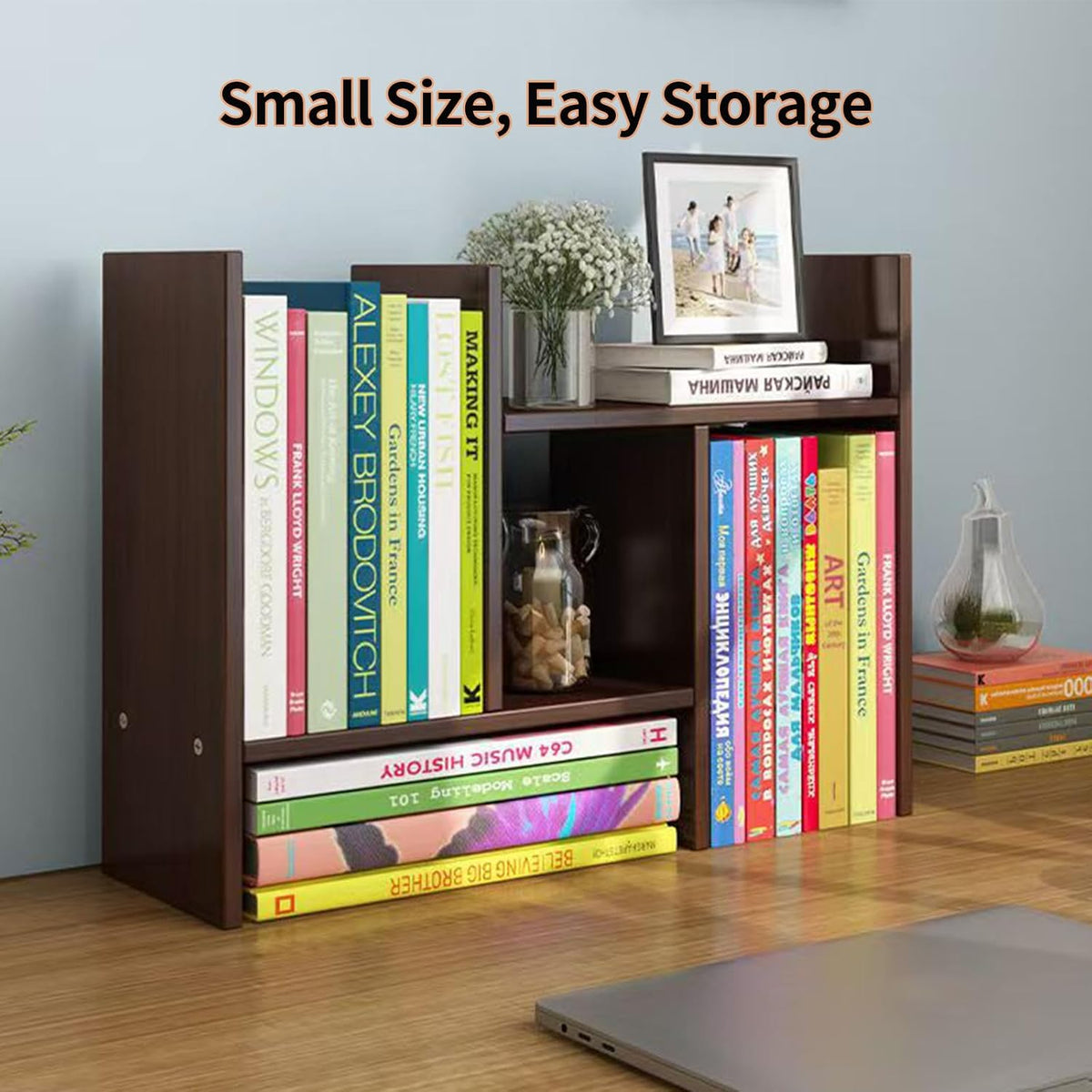 Desktop Shelf Organizer, Adjustable Wood Office Storage Rack, Counter Display Small Bookshelf for Home/Office/School(White)