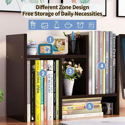 Desktop Shelf Organizer, Adjustable Wood Office Storage Rack, Counter Display Small Bookshelf for Home/Office/School(White)