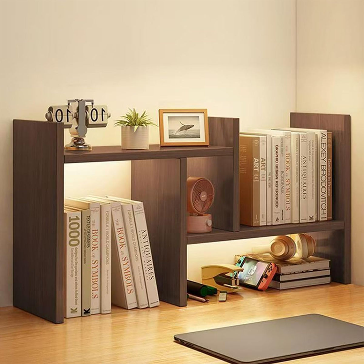 Desktop Shelf Organizer, Adjustable Wood Office Storage Rack, Counter Display Small Bookshelf for Home/Office/School(White)