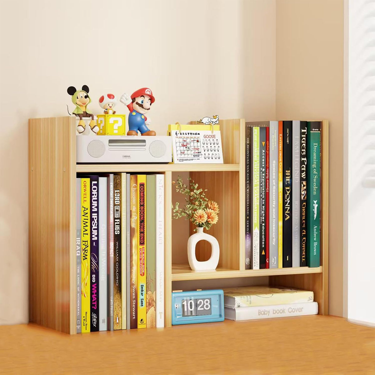 Desktop Shelf Organizer, Adjustable Wood Office Storage Rack, Counter Display Small Bookshelf for Home/Office/School(White)