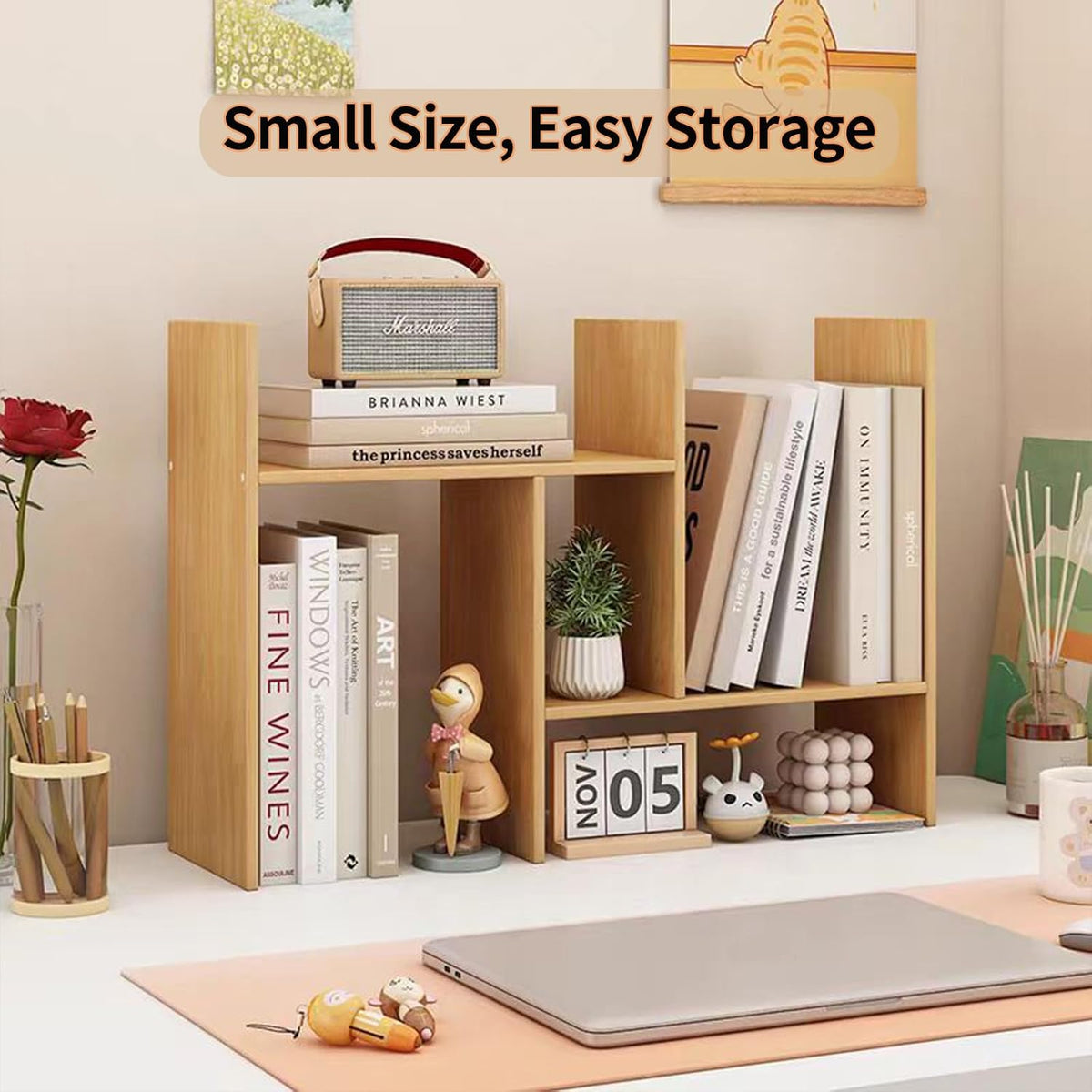 Desktop Shelf Organizer, Adjustable Wood Office Storage Rack, Counter Display Small Bookshelf for Home/Office/School(White)