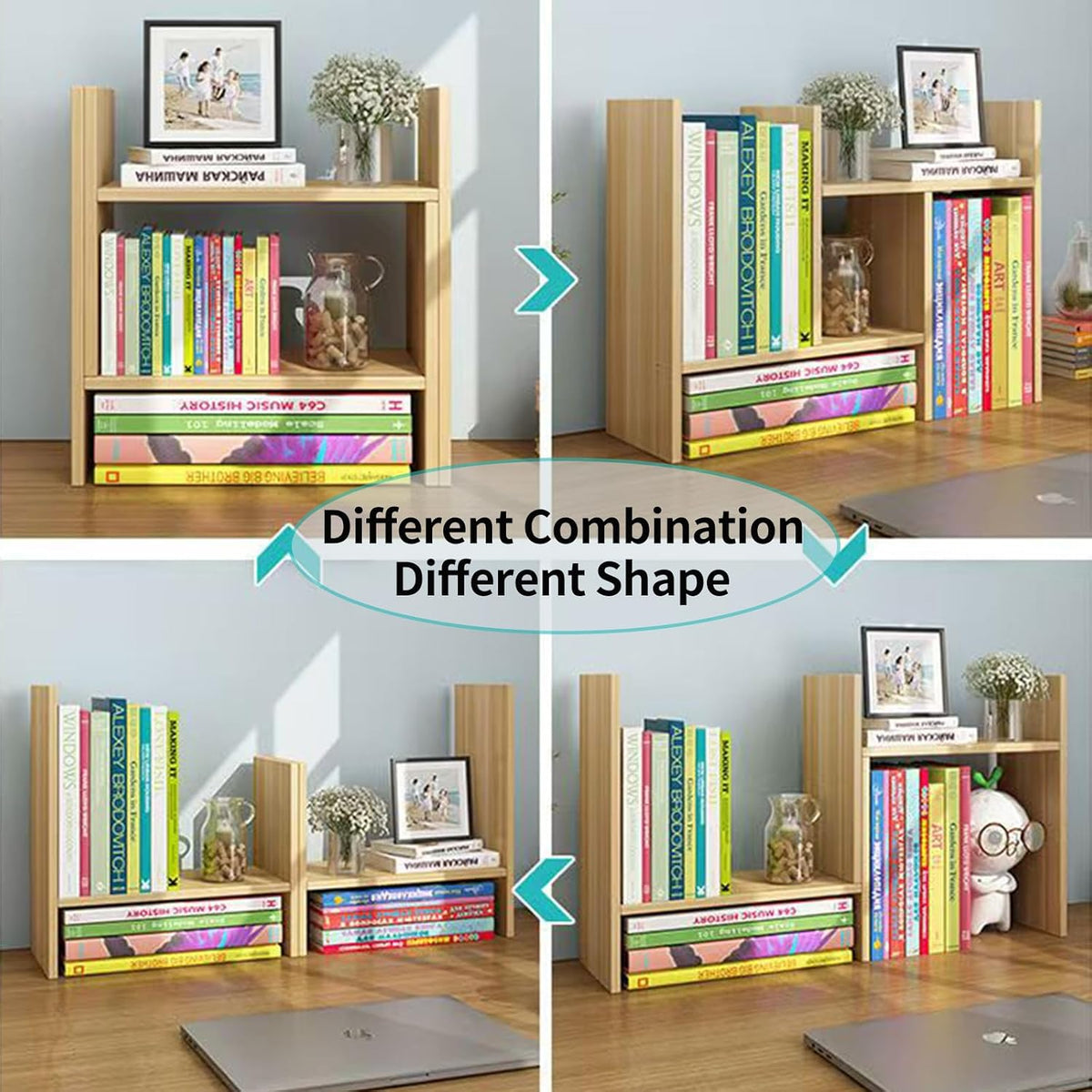 Desktop Shelf Organizer, Adjustable Wood Office Storage Rack, Counter Display Small Bookshelf for Home/Office/School(White)