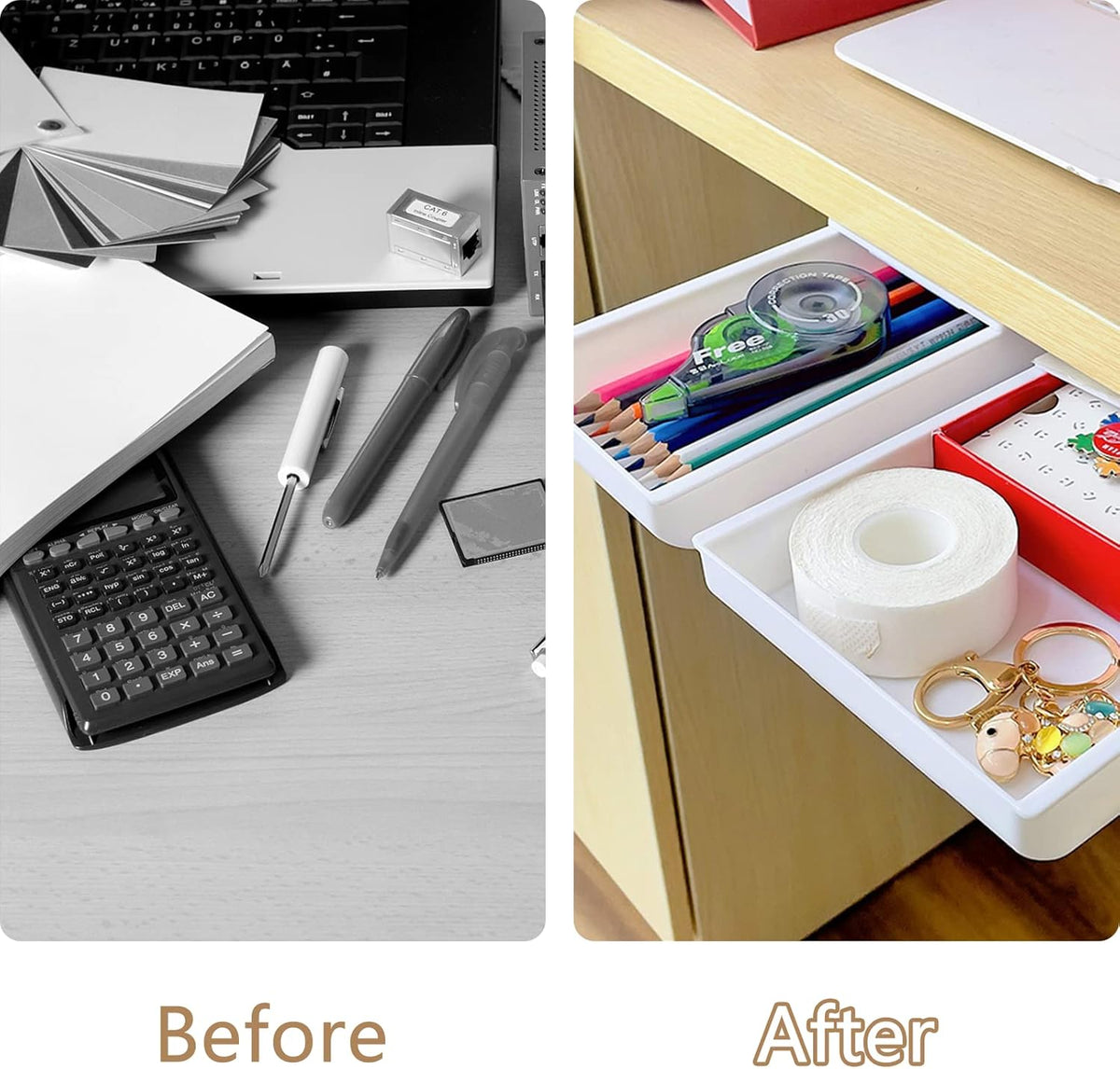 2 Packs Under Desk Drawers, Slide Out Drawer Attachment, Plastic Desk Accessories & Workspace Organizers, Self-Adhesive Hidden Desktop Pen Holder for Office School Home (White)