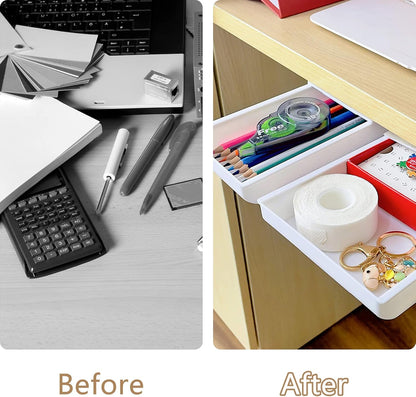 2 Packs Under Desk Drawers, Slide Out Drawer Attachment, Plastic Desk Accessories & Workspace Organizers, Self-Adhesive Hidden Desktop Pen Holder for Office School Home (White)