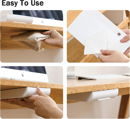 2 Packs Under Desk Drawers, Slide Out Drawer Attachment, Plastic Desk Accessories & Workspace Organizers, Self-Adhesive Hidden Desktop Pen Holder for Office School Home (White)