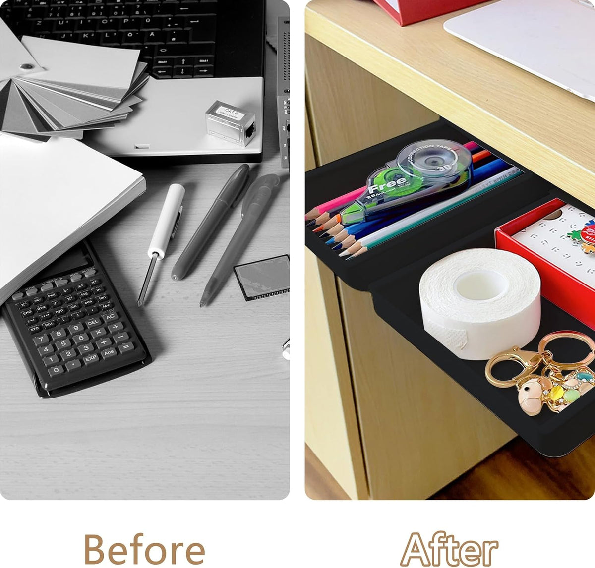 2 Packs Under Desk Drawers, Slide Out Drawer Attachment, Plastic Desk Accessories & Workspace Organizers, Self-Adhesive Hidden Desktop Pen Holder for Office School Home (White)