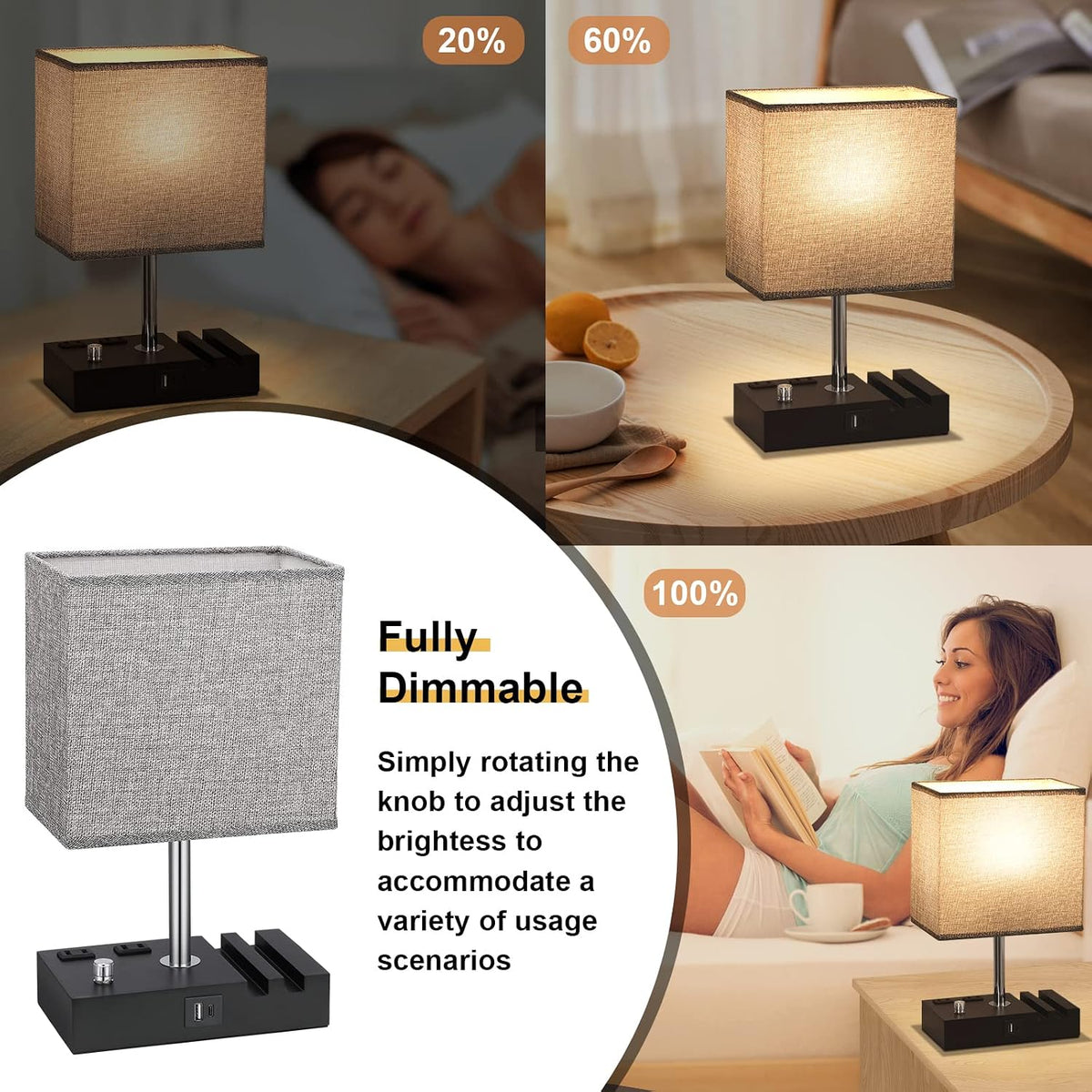 Bedside Table Lamp for Bedroom Nightstand - Stepless Dimmable, 2 AC Outlets