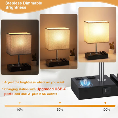 Bedside Table Lamp for Bedroom Nightstand - Stepless Dimmable, 2 AC Outlets