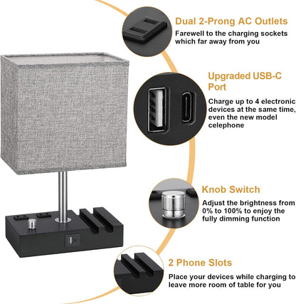 Bedside Table Lamp for Bedroom Nightstand - Stepless Dimmable, 2 AC Outlets