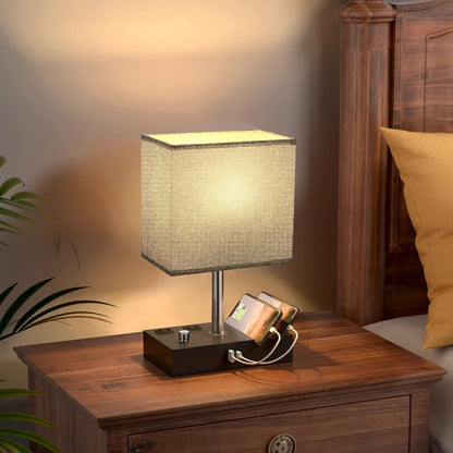 Bedside Table Lamp for Bedroom Nightstand - Stepless Dimmable, 2 AC Outlets