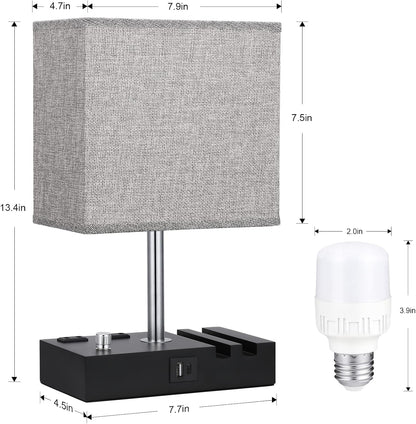 Bedside Table Lamp for Bedroom Nightstand - Stepless Dimmable, 2 AC Outlets