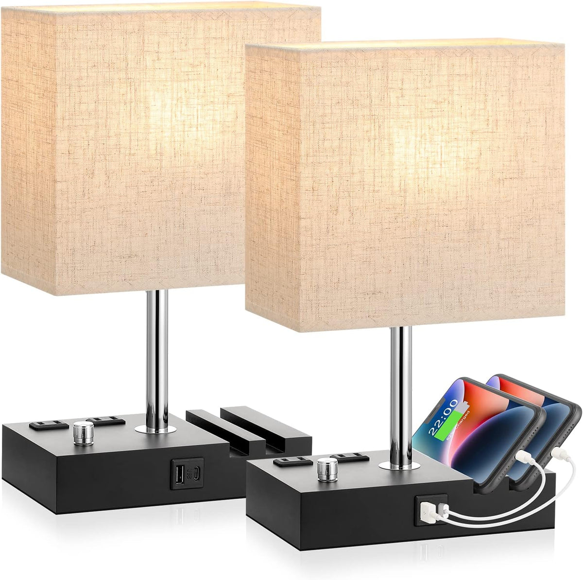 Bedside Table Lamp for Bedroom Nightstand - Stepless Dimmable, 2 AC Outlets