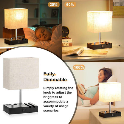 Bedside Table Lamp for Bedroom Nightstand - Stepless Dimmable, 2 AC Outlets