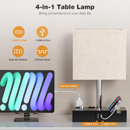 Bedside Table Lamp for Bedroom Nightstand - Stepless Dimmable, 2 AC Outlets