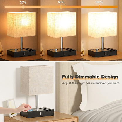 Bedside Table Lamp for Bedroom Nightstand - Stepless Dimmable, 2 AC Outlets