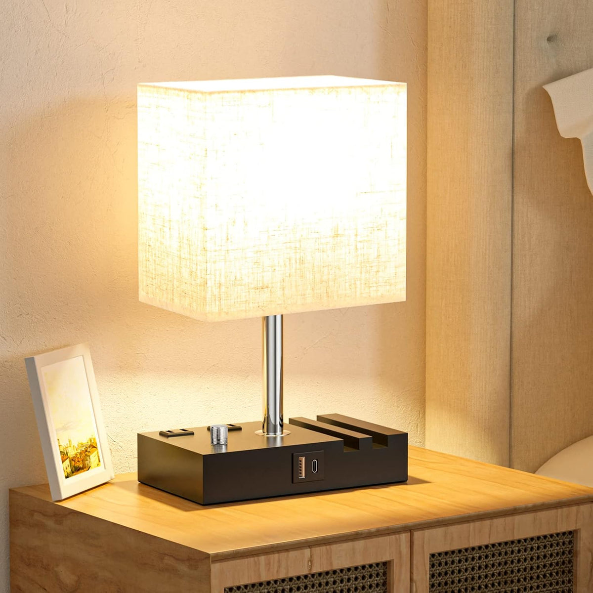 Bedside Table Lamp for Bedroom Nightstand - Stepless Dimmable, 2 AC Outlets