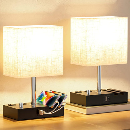 Bedside Table Lamp for Bedroom Nightstand - Stepless Dimmable, 2 AC Outlets