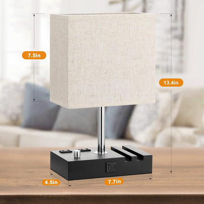 Bedside Table Lamp for Bedroom Nightstand - Stepless Dimmable, 2 AC Outlets
