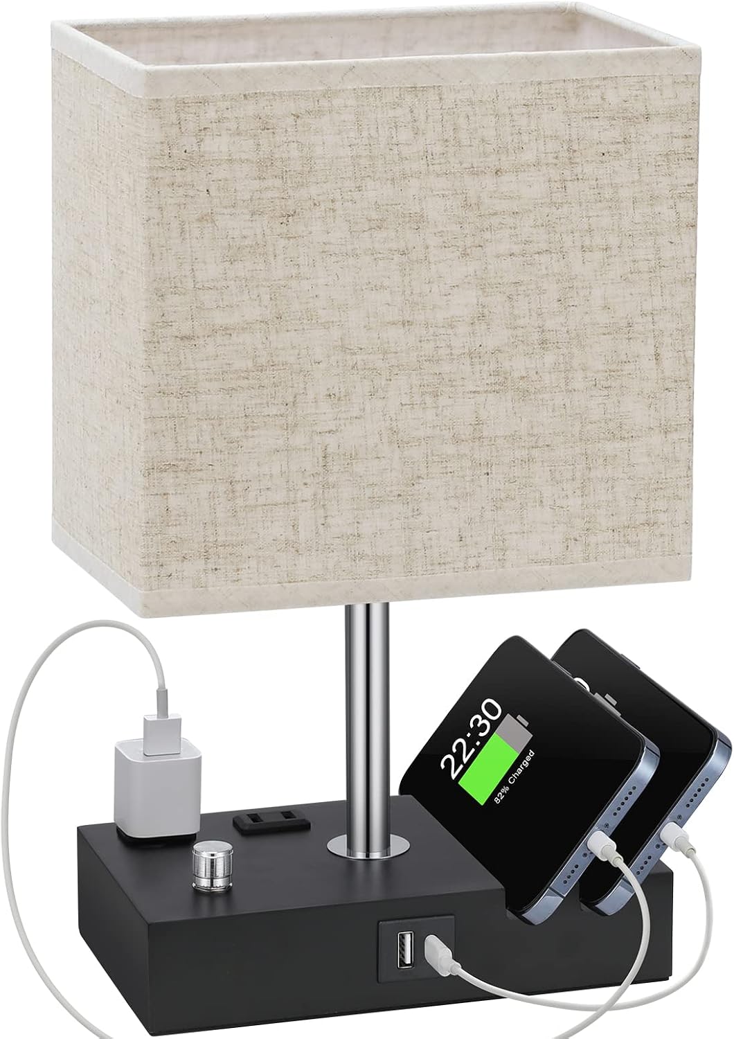Bedside Table Lamp for Bedroom Nightstand - Stepless Dimmable, 2 AC Outlets