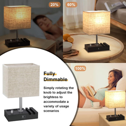 Bedside Table Lamp for Bedroom Nightstand - Stepless Dimmable, 2 AC Outlets