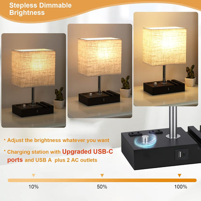 Bedside Table Lamp for Bedroom Nightstand - Stepless Dimmable, 2 AC Outlets