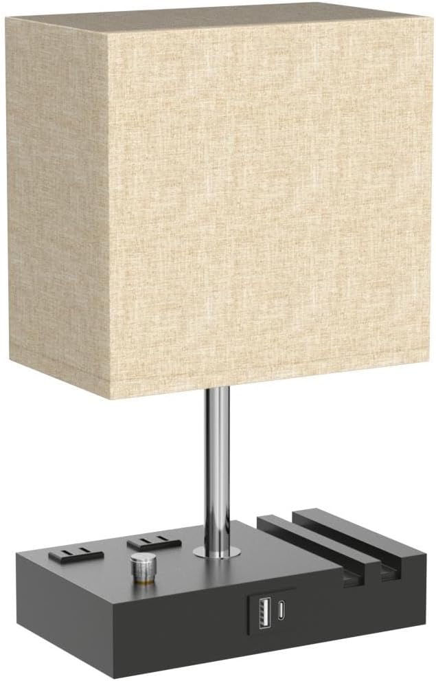 Bedside Table Lamp for Bedroom Nightstand - Stepless Dimmable, 2 AC Outlets