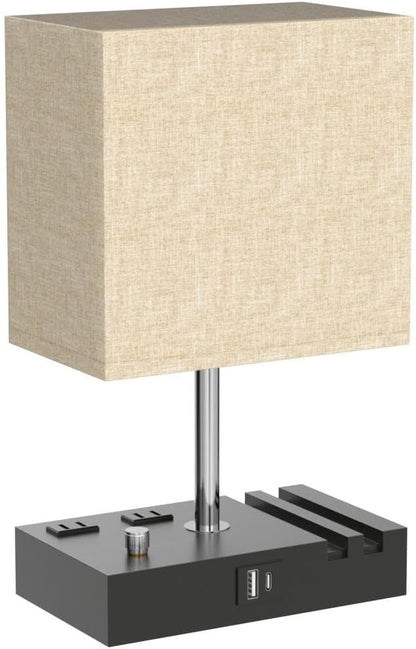 Bedside Table Lamp for Bedroom Nightstand - Stepless Dimmable, 2 AC Outlets