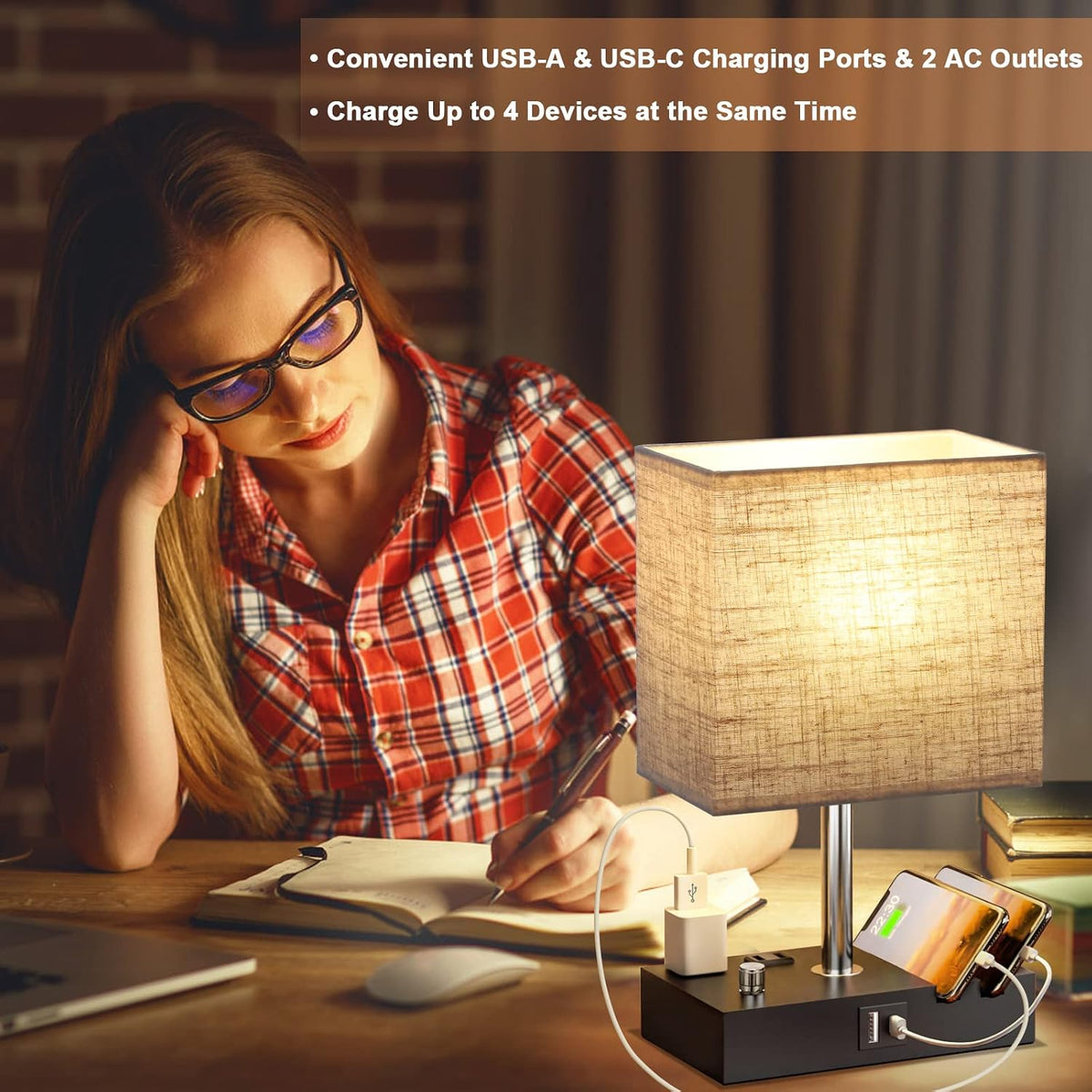 Bedside Table Lamp for Bedroom Nightstand - Stepless Dimmable, 2 AC Outlets