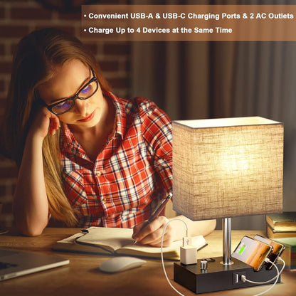 Bedside Table Lamp for Bedroom Nightstand - Stepless Dimmable, 2 AC Outlets