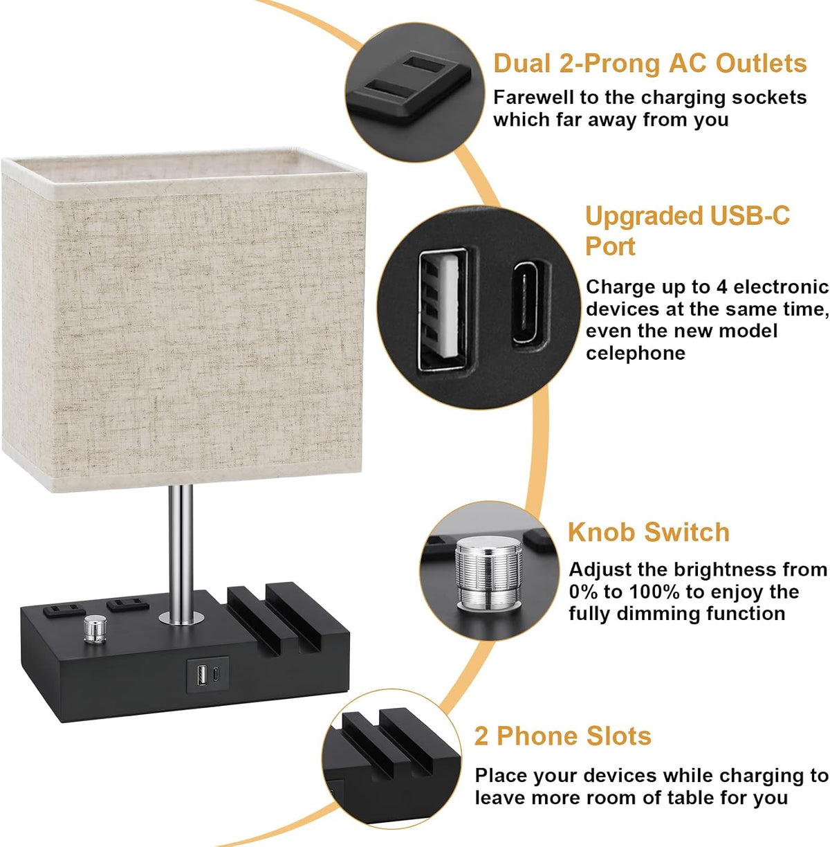 Bedside Table Lamp for Bedroom Nightstand - Stepless Dimmable, 2 AC Outlets