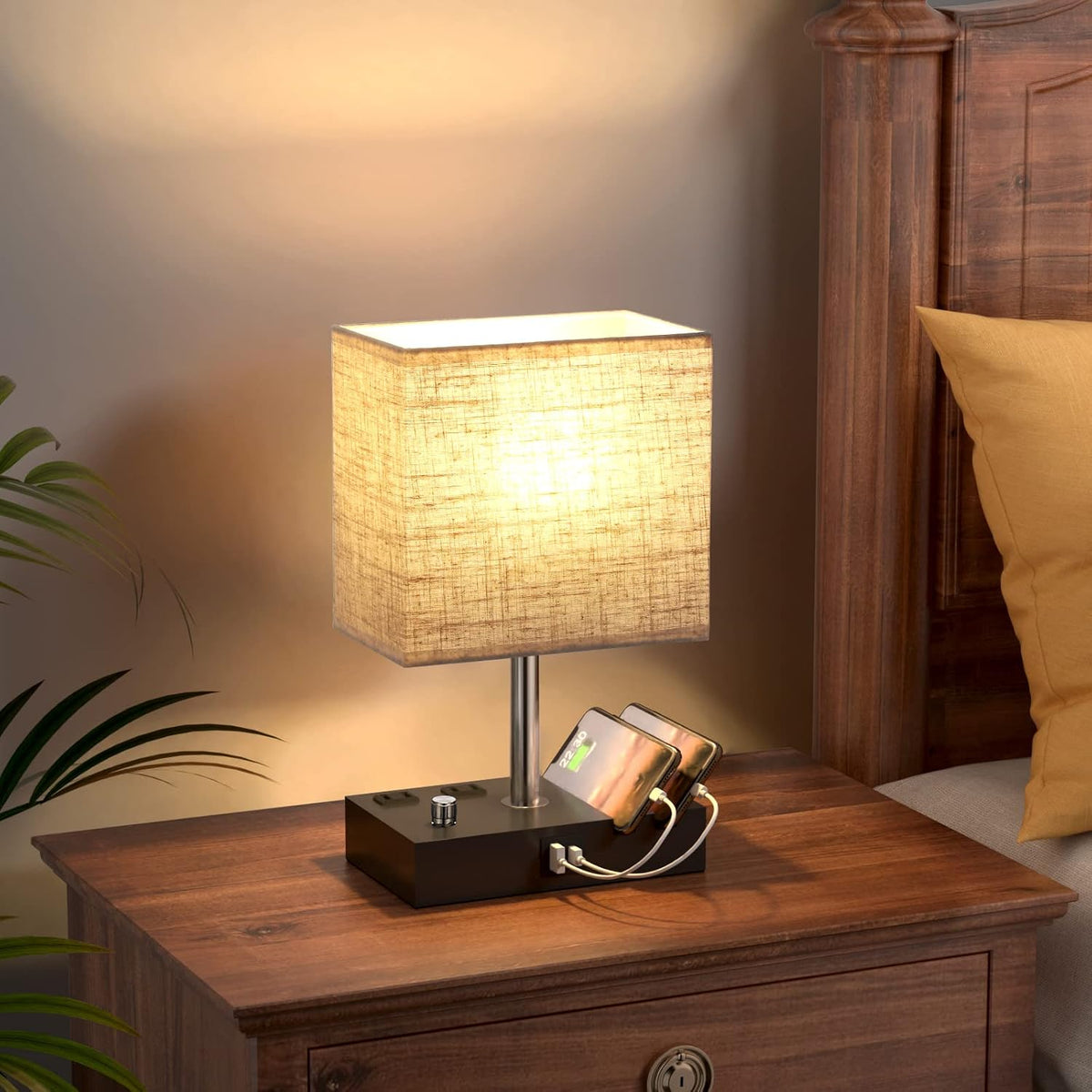 Bedside Table Lamp for Bedroom Nightstand - Stepless Dimmable, 2 AC Outlets