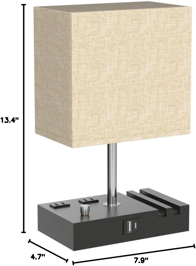 Bedside Table Lamp for Bedroom Nightstand - Stepless Dimmable, 2 AC Outlets
