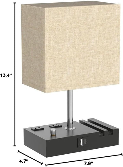 Bedside Table Lamp for Bedroom Nightstand - Stepless Dimmable, 2 AC Outlets
