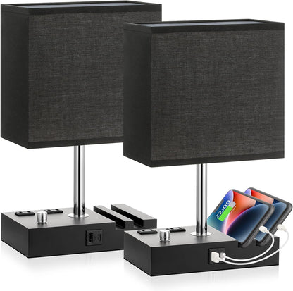 Bedside Table Lamp for Bedroom Nightstand - Stepless Dimmable, 2 AC Outlets