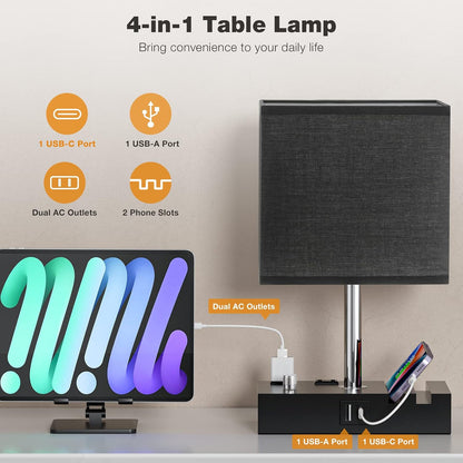 Bedside Table Lamp for Bedroom Nightstand - Stepless Dimmable, 2 AC Outlets