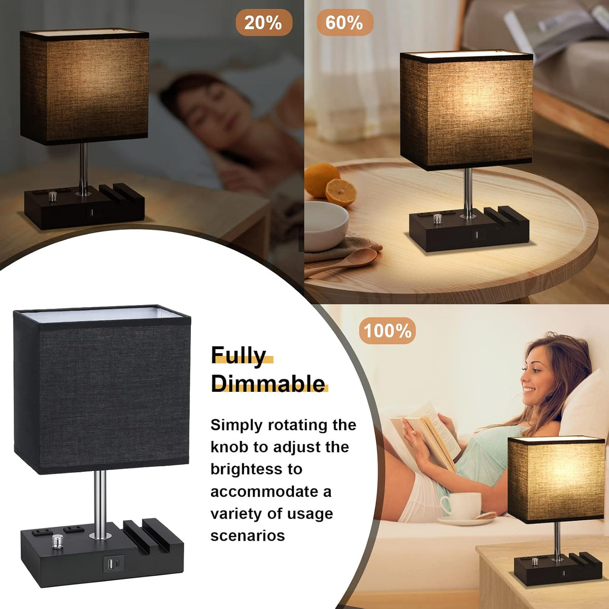 Bedside Table Lamp for Bedroom Nightstand - Stepless Dimmable, 2 AC Outlets