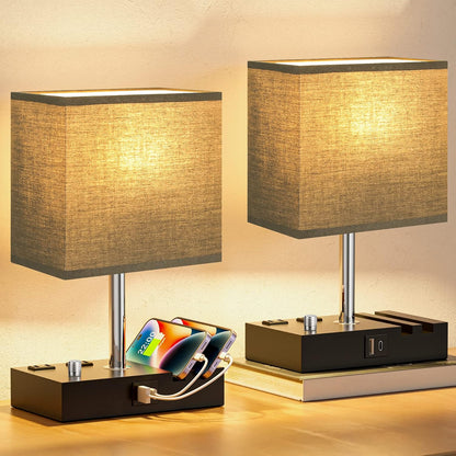 Bedside Table Lamp for Bedroom Nightstand - Stepless Dimmable, 2 AC Outlets