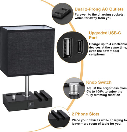 Bedside Table Lamp for Bedroom Nightstand - Stepless Dimmable, 2 AC Outlets