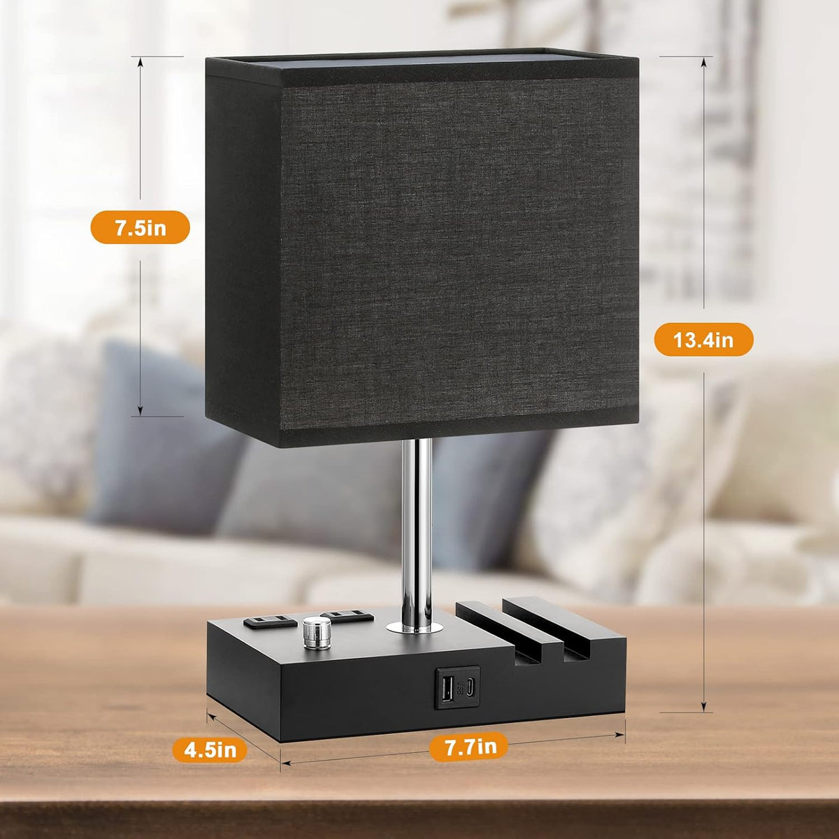 Bedside Table Lamp for Bedroom Nightstand - Stepless Dimmable, 2 AC Outlets