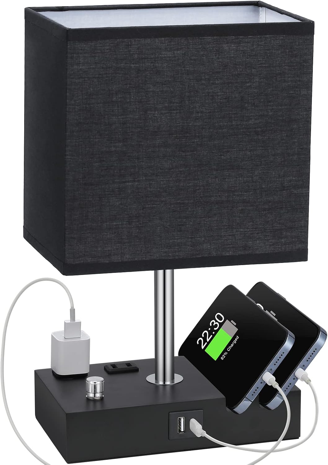 Bedside Table Lamp for Bedroom Nightstand - Stepless Dimmable, 2 AC Outlets