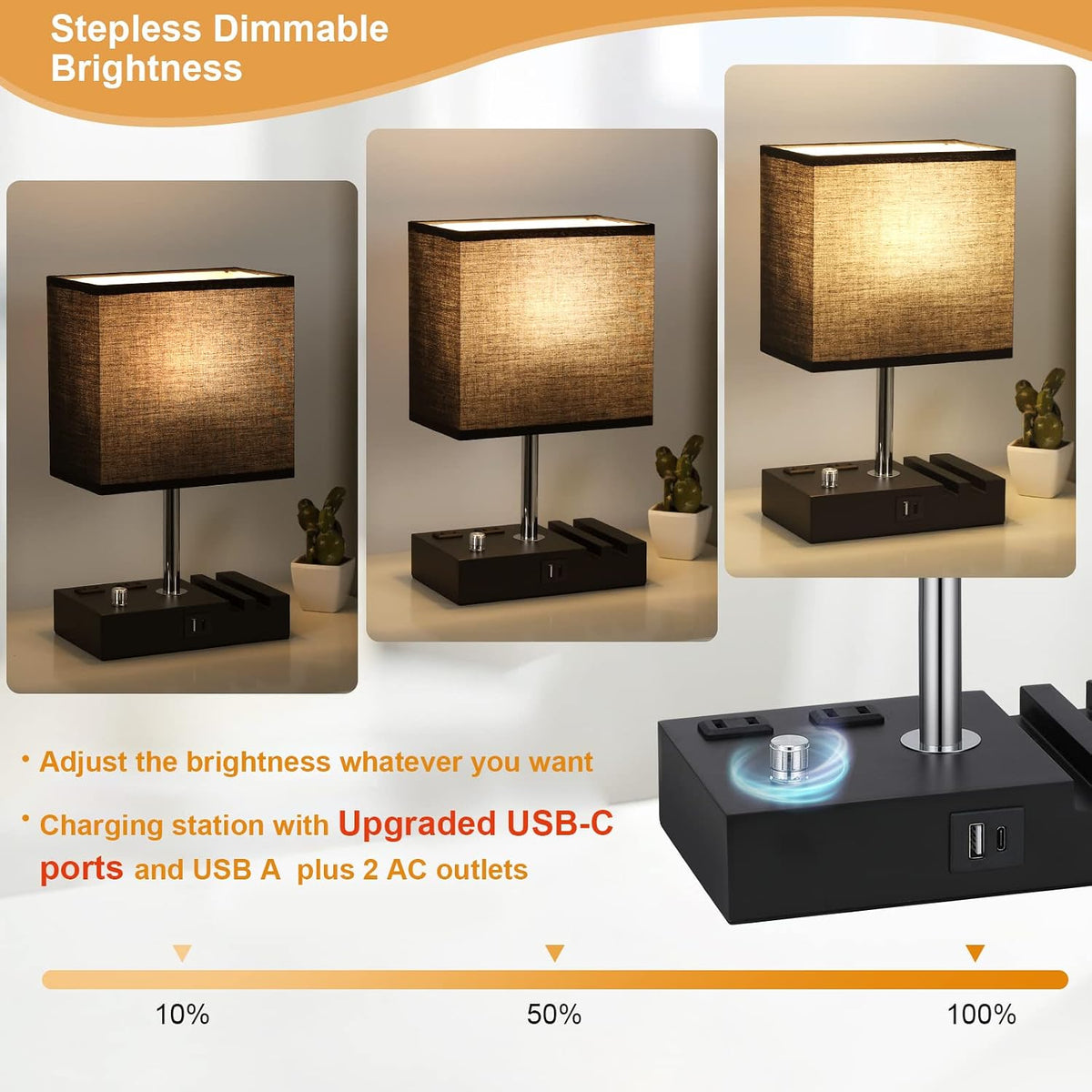 Bedside Table Lamp for Bedroom Nightstand - Stepless Dimmable, 2 AC Outlets