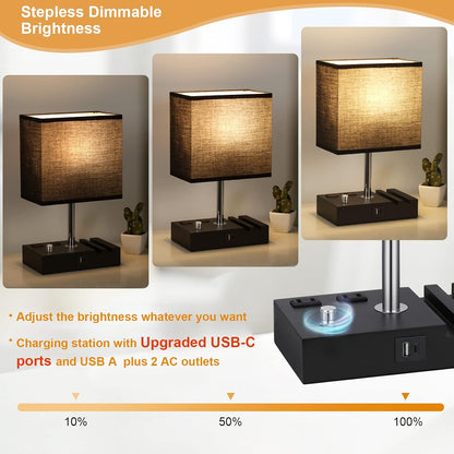Bedside Table Lamp for Bedroom Nightstand - Stepless Dimmable, 2 AC Outlets