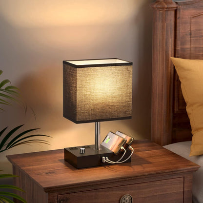 Bedside Table Lamp for Bedroom Nightstand - Stepless Dimmable, 2 AC Outlets