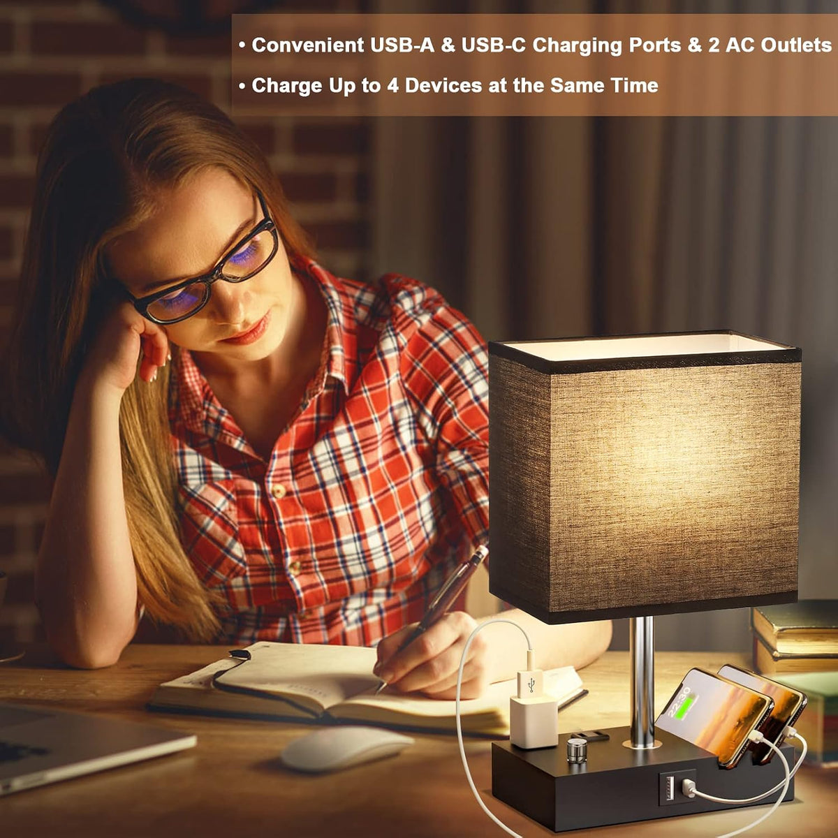 Bedside Table Lamp for Bedroom Nightstand - Stepless Dimmable, 2 AC Outlets