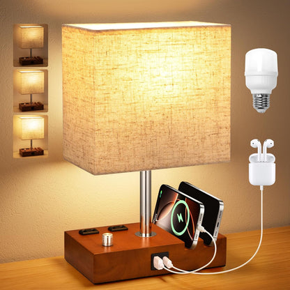 Bedside Table Lamp for Bedroom Nightstand - Stepless Dimmable, 2 AC Outlets