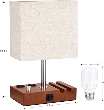 Bedside Table Lamp for Bedroom Nightstand - Stepless Dimmable, 2 AC Outlets