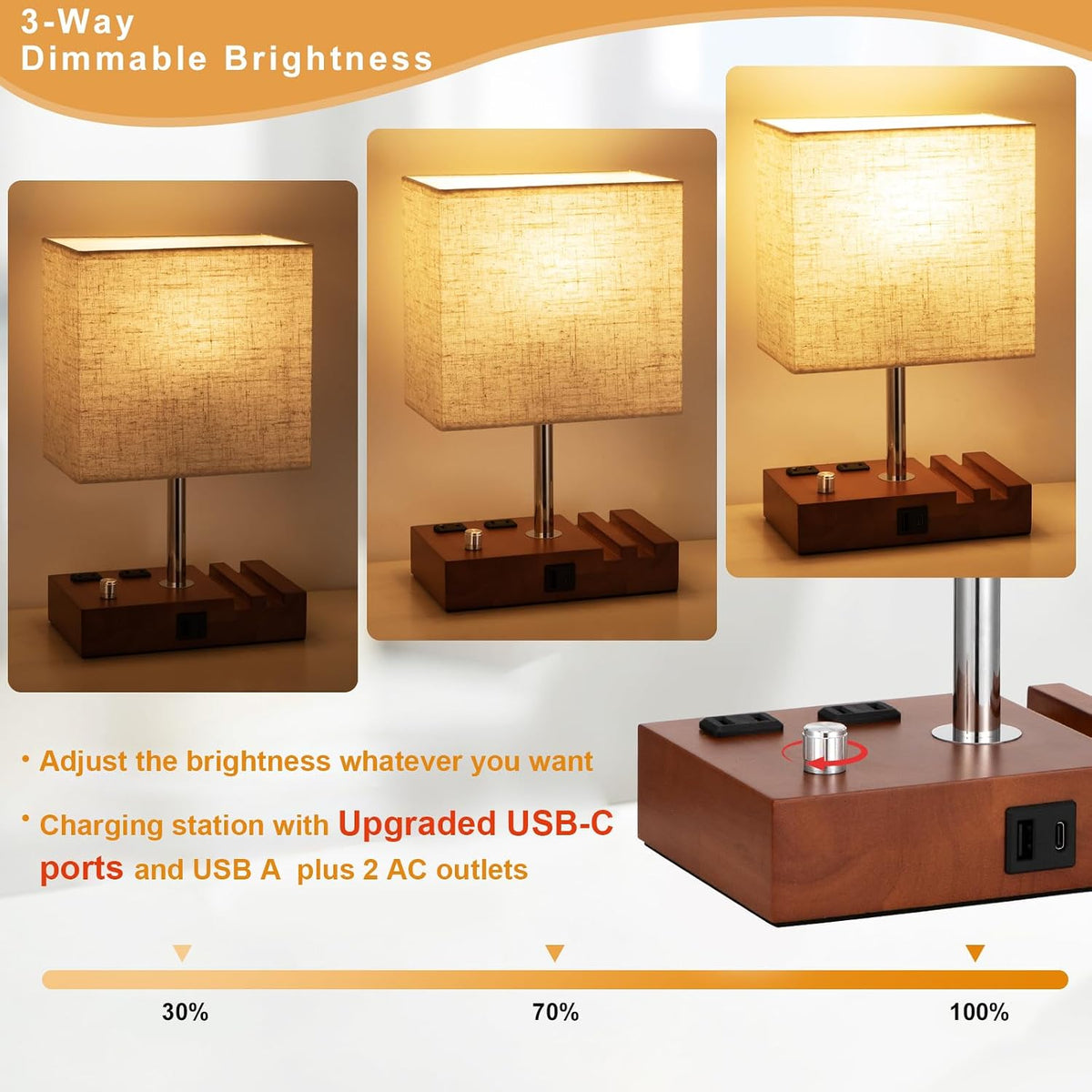 Bedside Table Lamp for Bedroom Nightstand - Stepless Dimmable, 2 AC Outlets